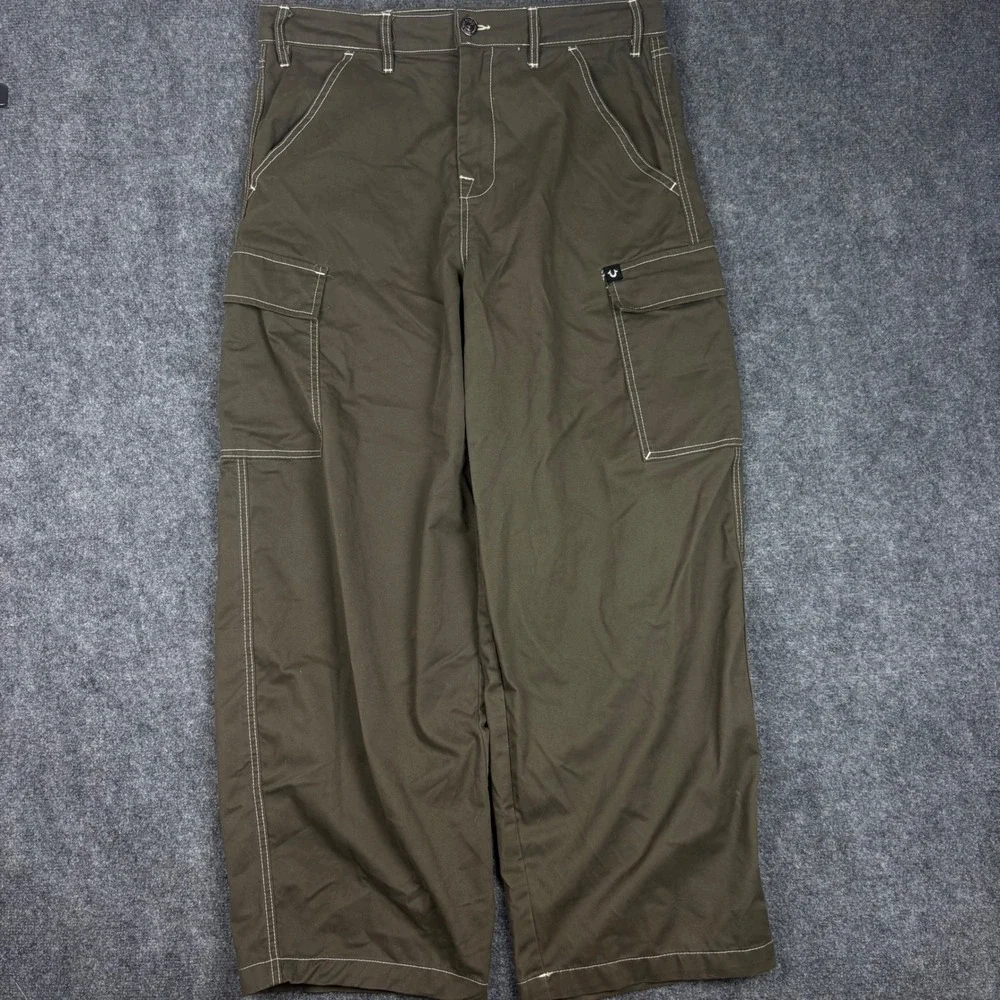 True Religion Balloon Cargo Pants Mens 34 Olive Brown Contrast Stitch